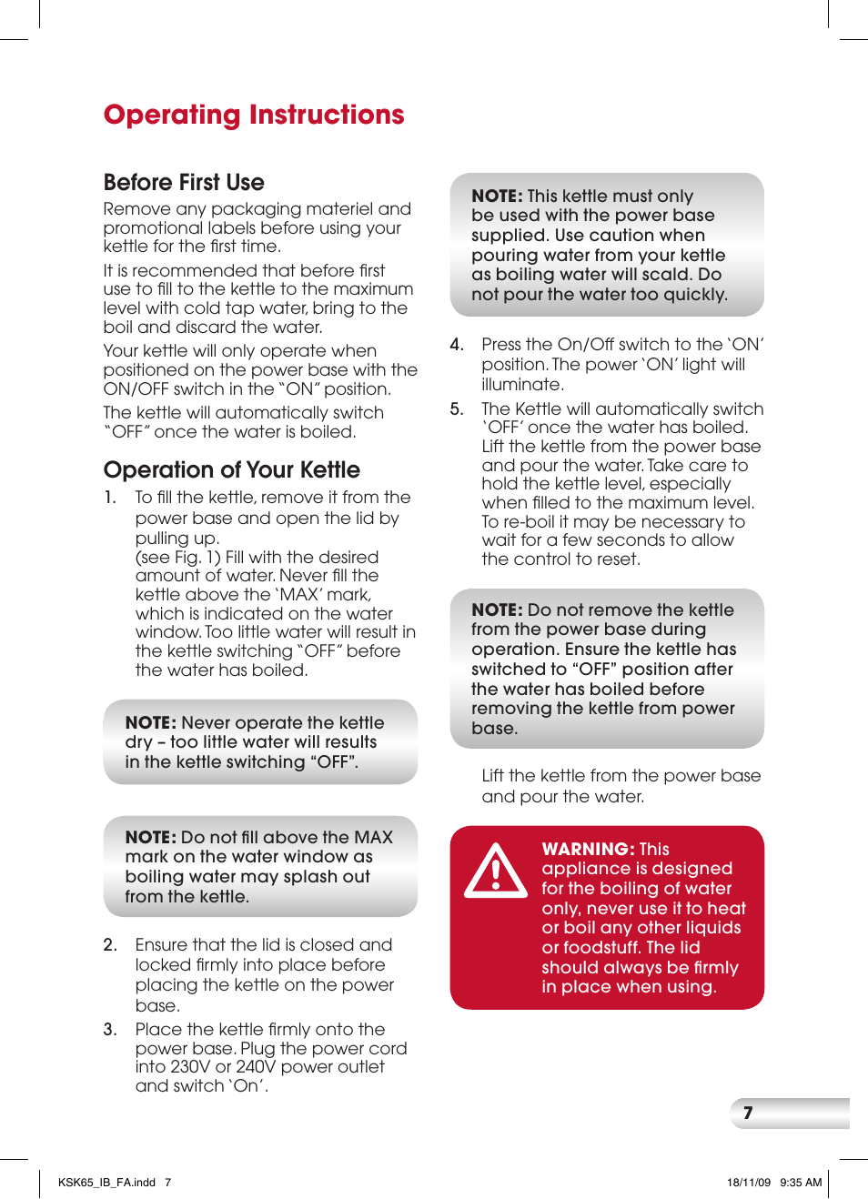 Operating instructions, Before first use, Operation of your kettle | Kambrook KSK65 User Manual | Page 7 / 12
