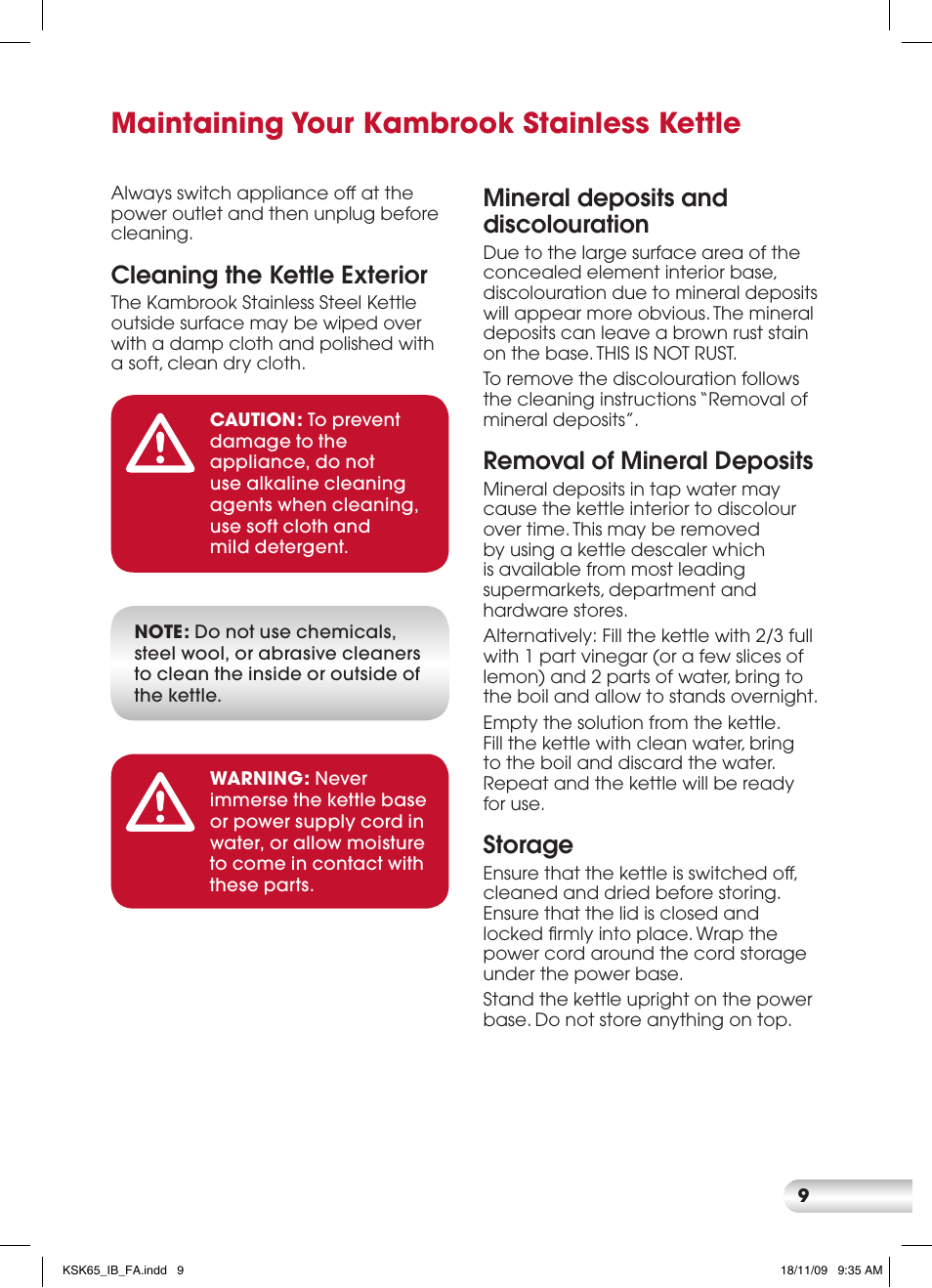 Maintaining your kambrook stainless kettle, Cleaning the kettle exterior, Mineral deposits and discolouration | Removal of mineral deposits, Storage | Kambrook KSK65 User Manual | Page 9 / 12