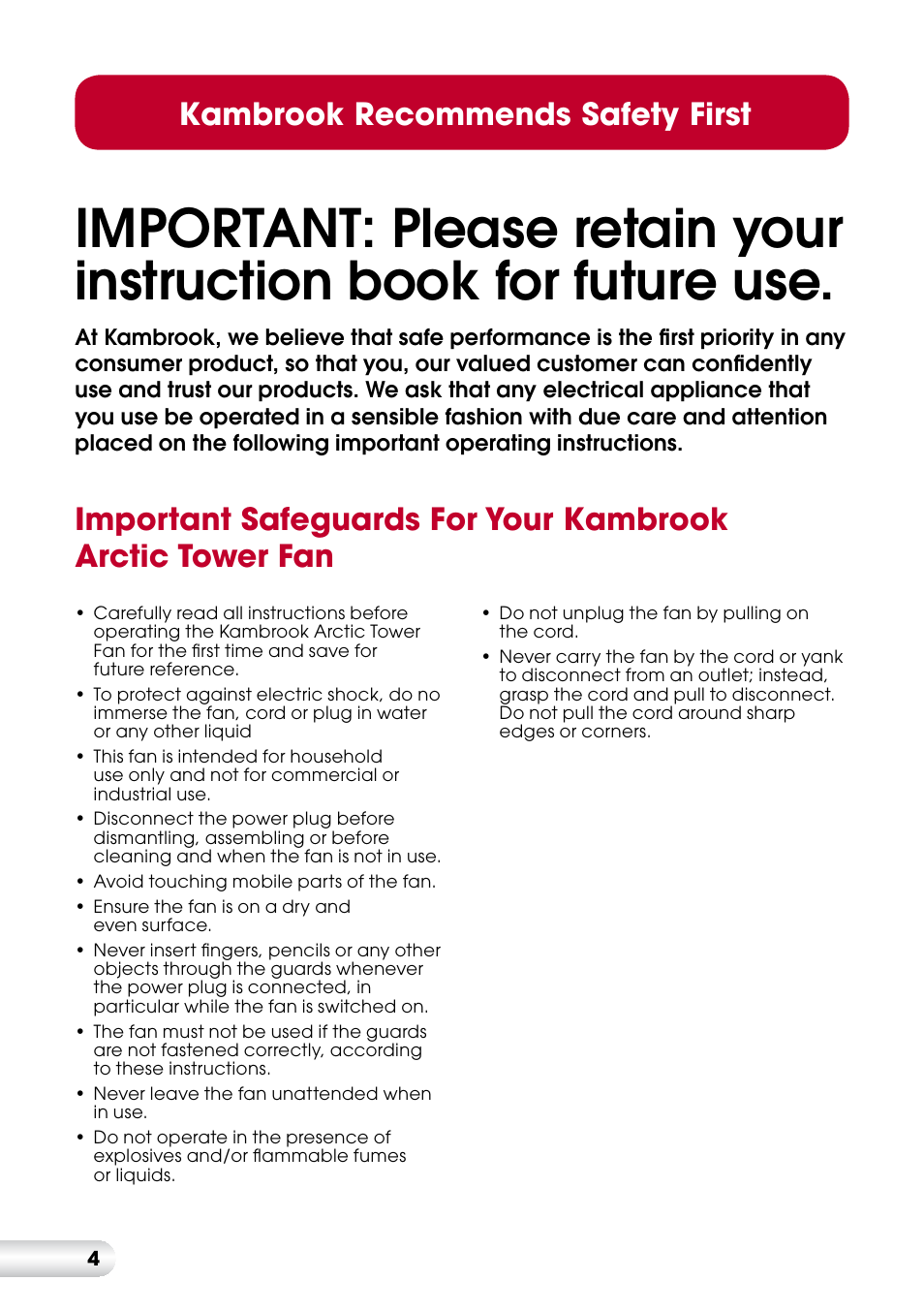 Kambrook recommends safety first | Kambrook ARCTIC KFA815 User Manual | Page 4 / 12