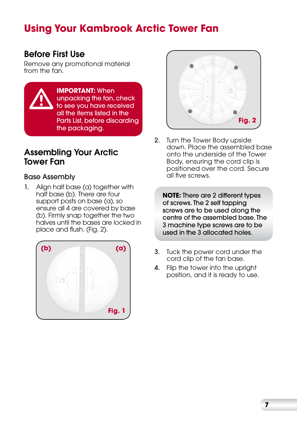Using your kambrook arctic tower fan, Before first use, Assembling your arctic tower fan | Kambrook ARCTIC KFA815 User Manual | Page 7 / 12
