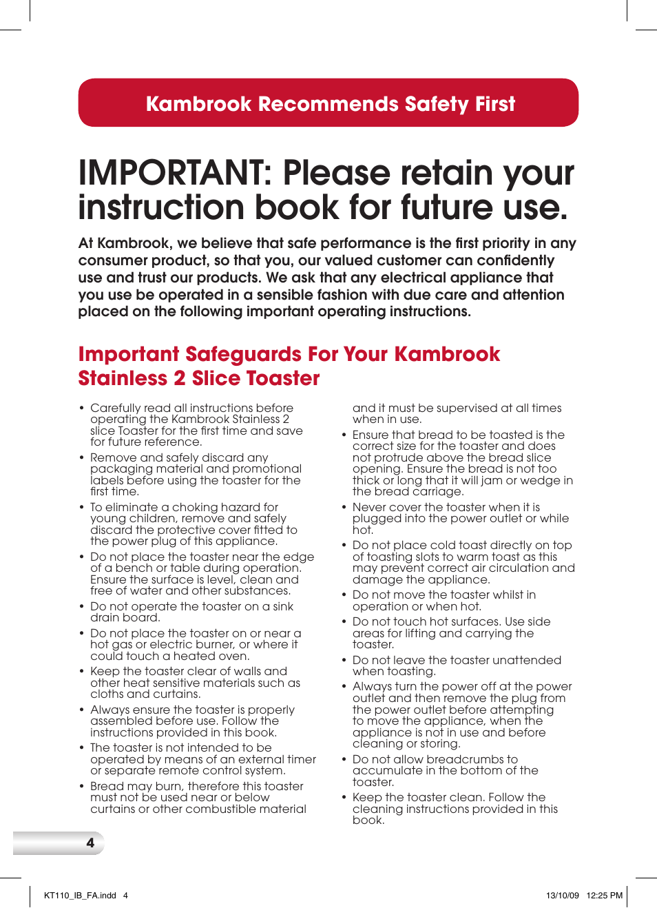 Kambrook recommends safety first | Kambrook KT110 User Manual | Page 4 / 12