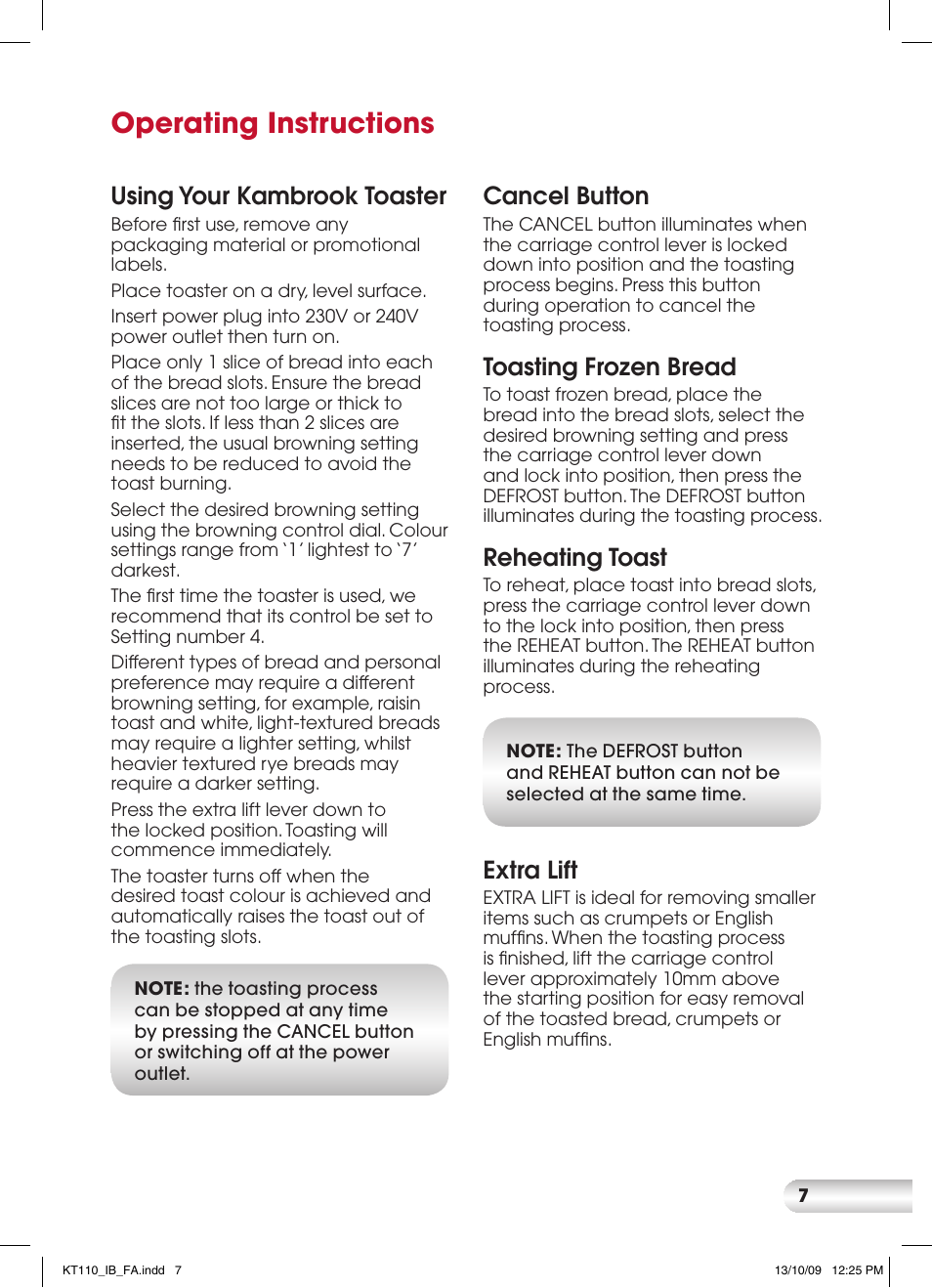 Operating instructions, Using your kambrook toaster, Cancel button | Toasting frozen bread, Reheating toast, Extra lift | Kambrook KT110 User Manual | Page 7 / 12