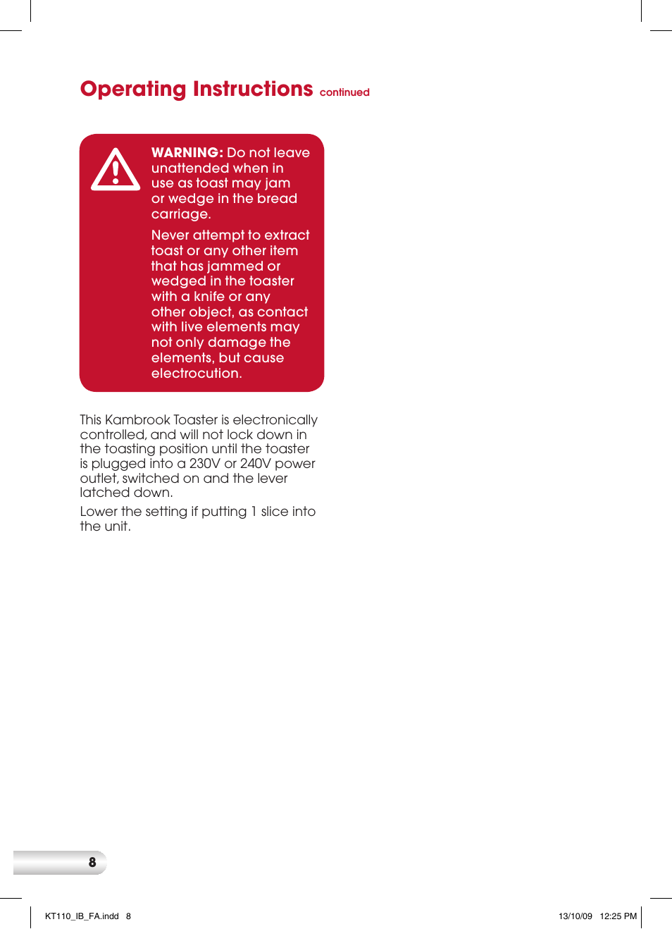 Operating instructions | Kambrook KT110 User Manual | Page 8 / 12