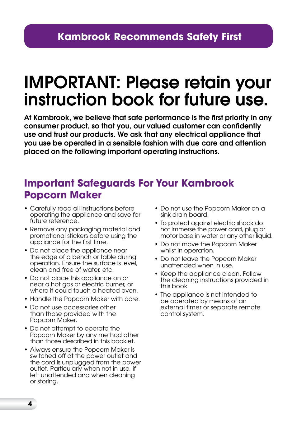 Kambrook recommends safety first | Kambrook FLUTTER BUTTER KPC10 User Manual | Page 4 / 12