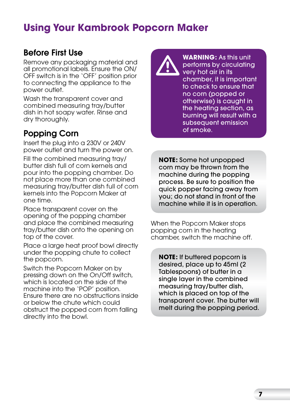 Using your kambrook popcorn maker, Before first use, Popping corn | Kambrook FLUTTER BUTTER KPC10 User Manual | Page 7 / 12