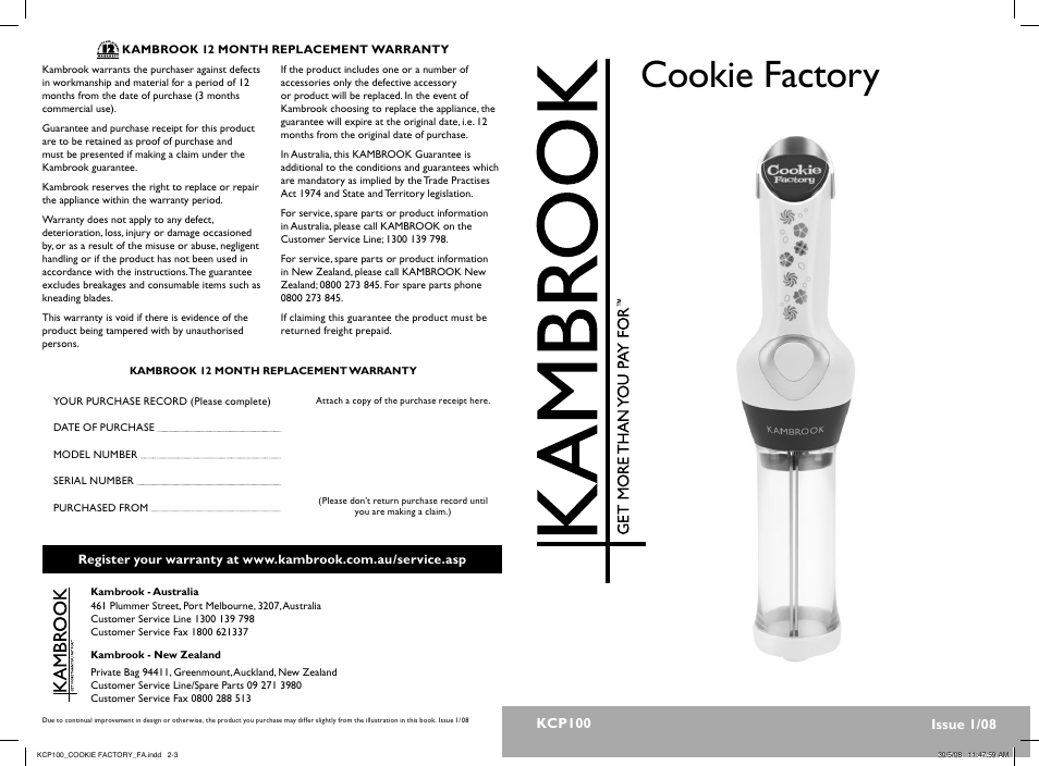 Kambrook COOKIE FACTORY KCP100 User Manual | 6 pages