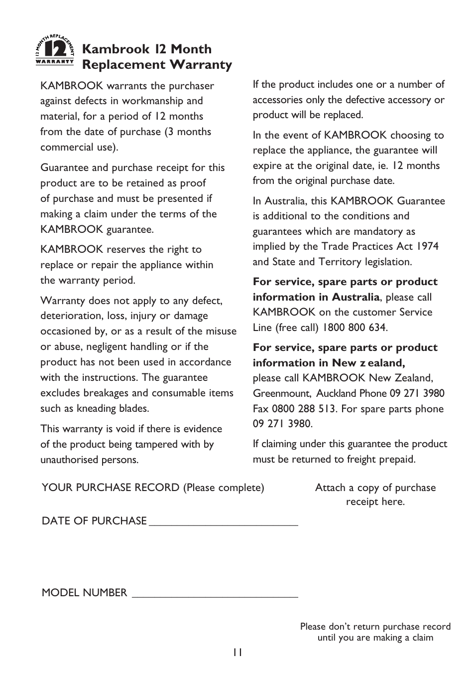 Kambrook 12 month replacement warranty | Kambrook KOT100 User Manual | Page 11 / 12