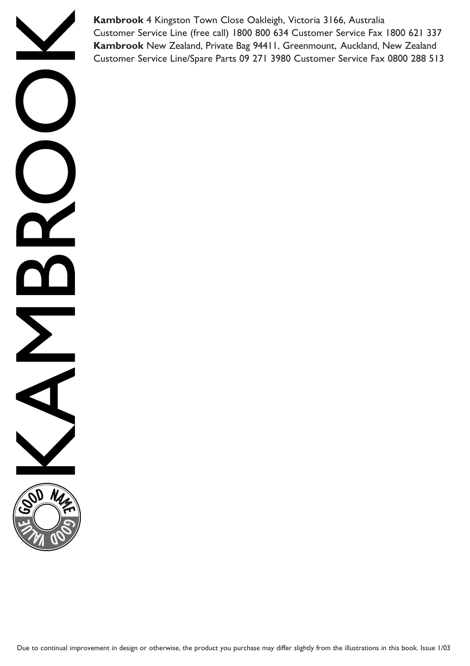 Go od name good valu e | Kambrook KOT100 User Manual | Page 12 / 12