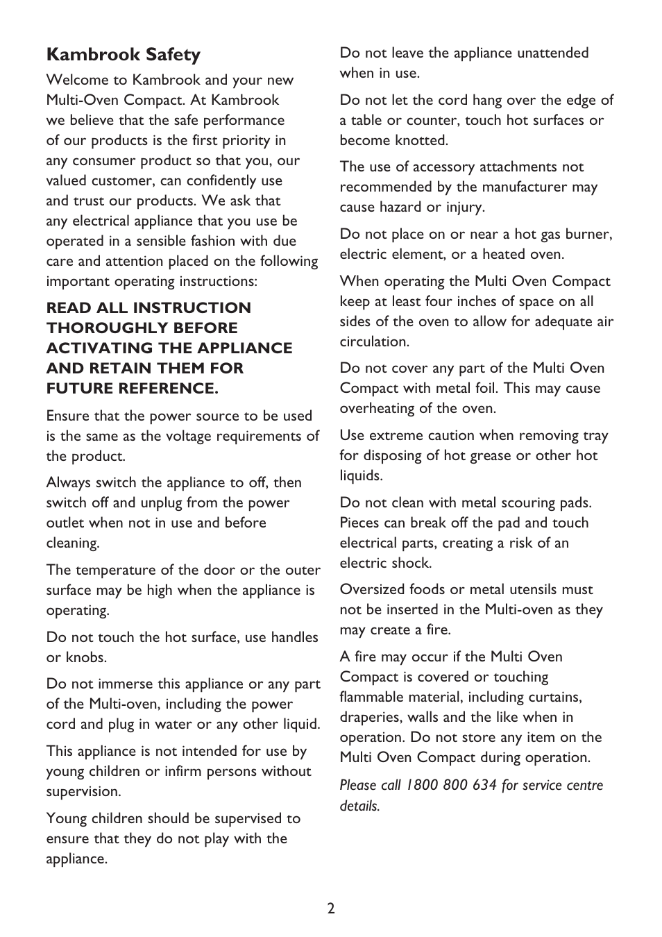 Kambrook safety | Kambrook KOT100 User Manual | Page 2 / 12