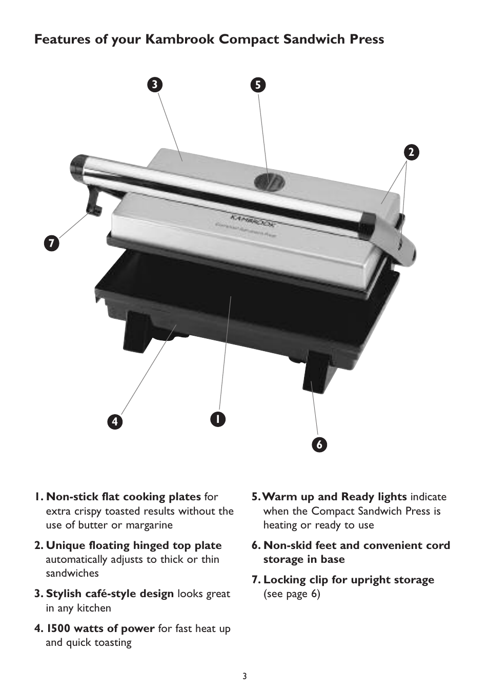 Features of your kambrook compact sandwich press | Kambrook KP500 User Manual | Page 3 / 16