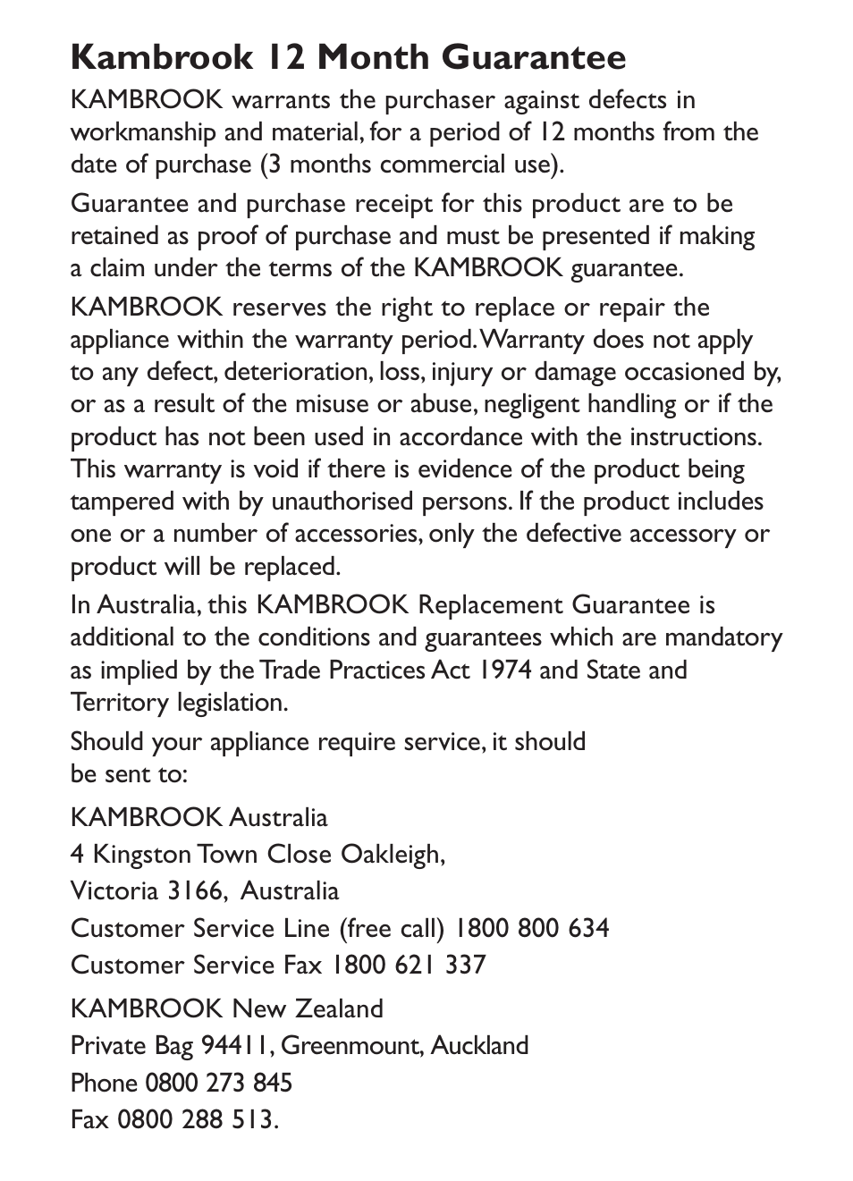 Kambrook 12 month guarantee | Kambrook KMT90 User Manual | Page 4 / 4