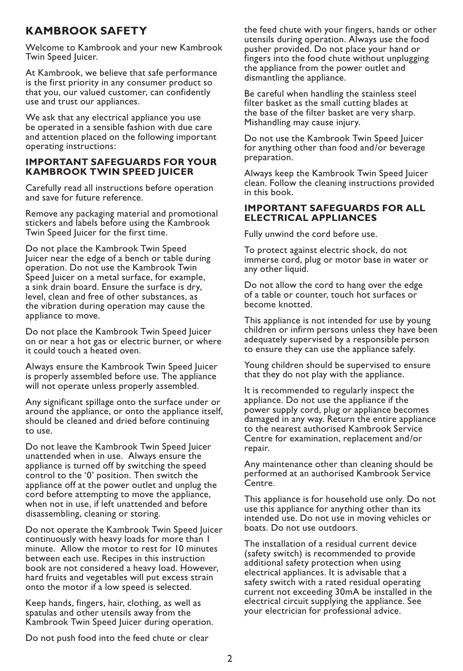 Kambrook safety | Kambrook KS200 User Manual | Page 2 / 10