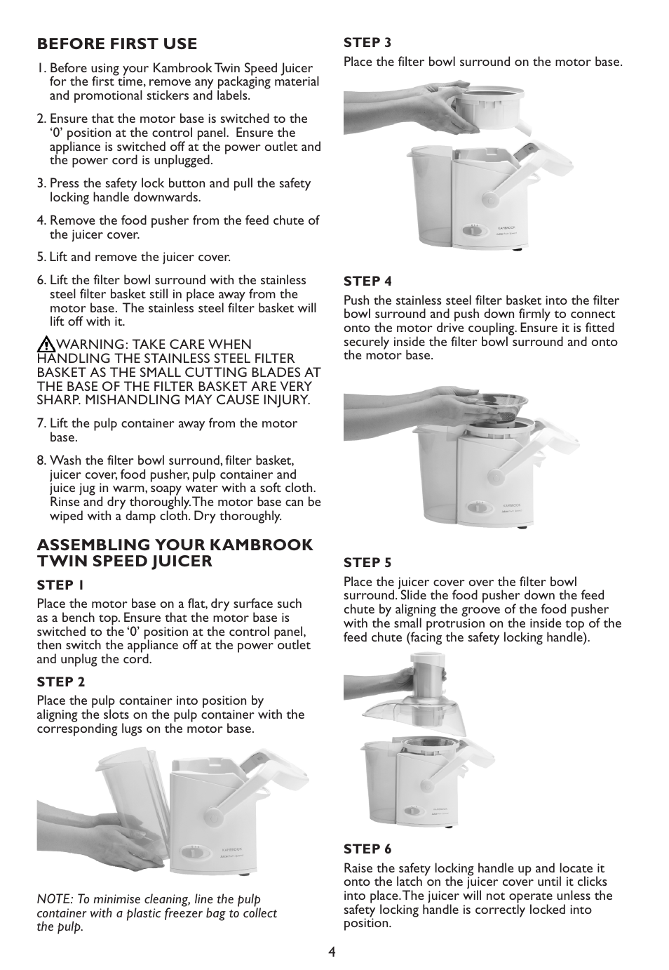 Before first use, Assembling your kambrook twin speed juicer | Kambrook KS200 User Manual | Page 4 / 10