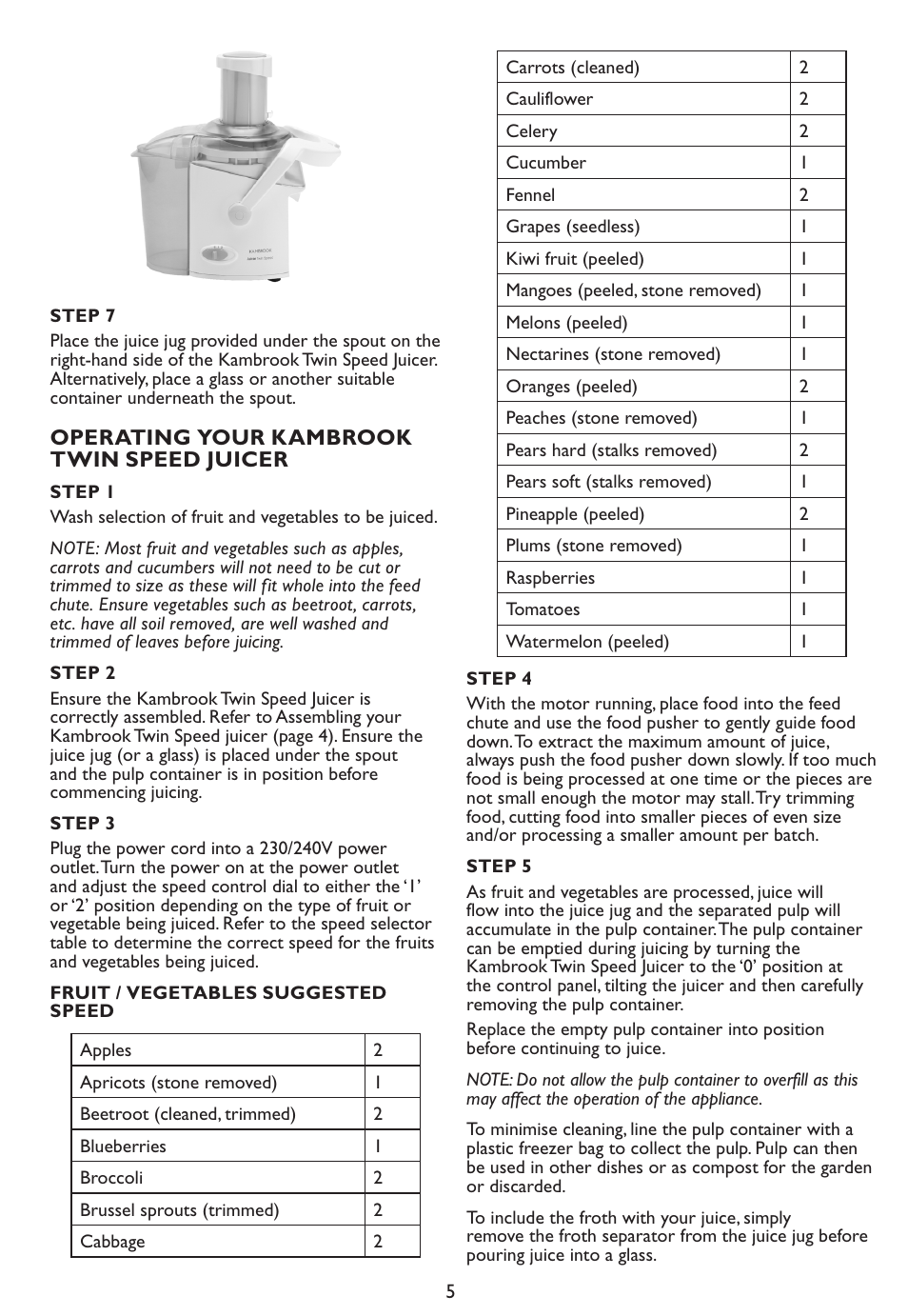 Operating your kambrook twin speed juicer | Kambrook KS200 User Manual | Page 5 / 10