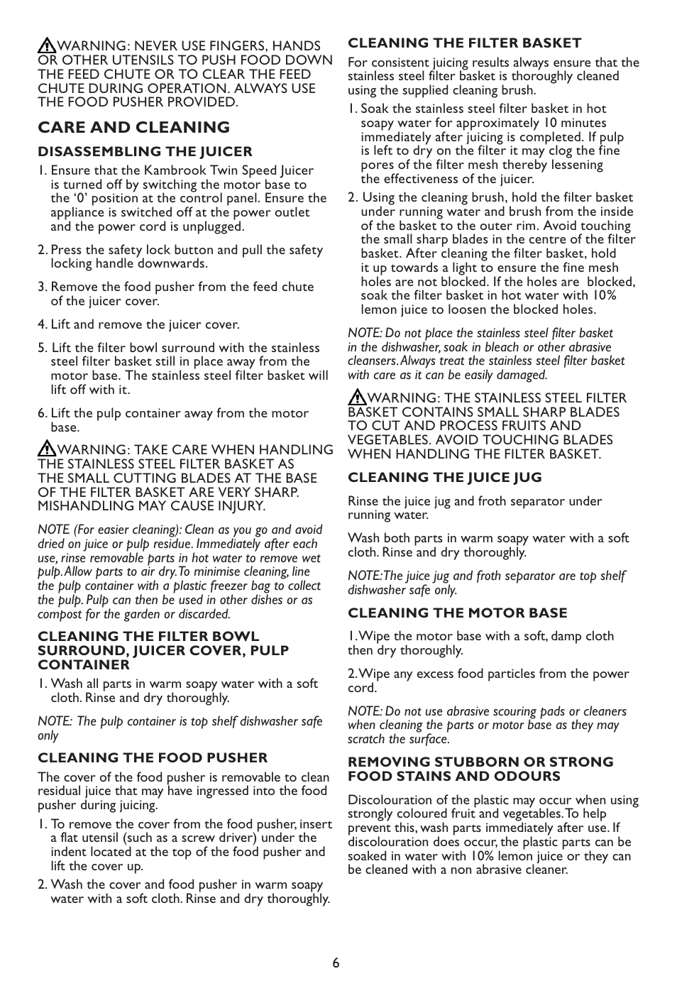 Care and cleaning | Kambrook KS200 User Manual | Page 6 / 10