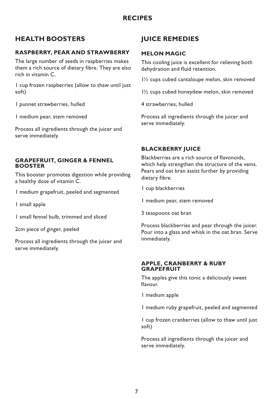 Health boosters, Juice remedies, Recipes | Kambrook KS200 User Manual | Page 7 / 10