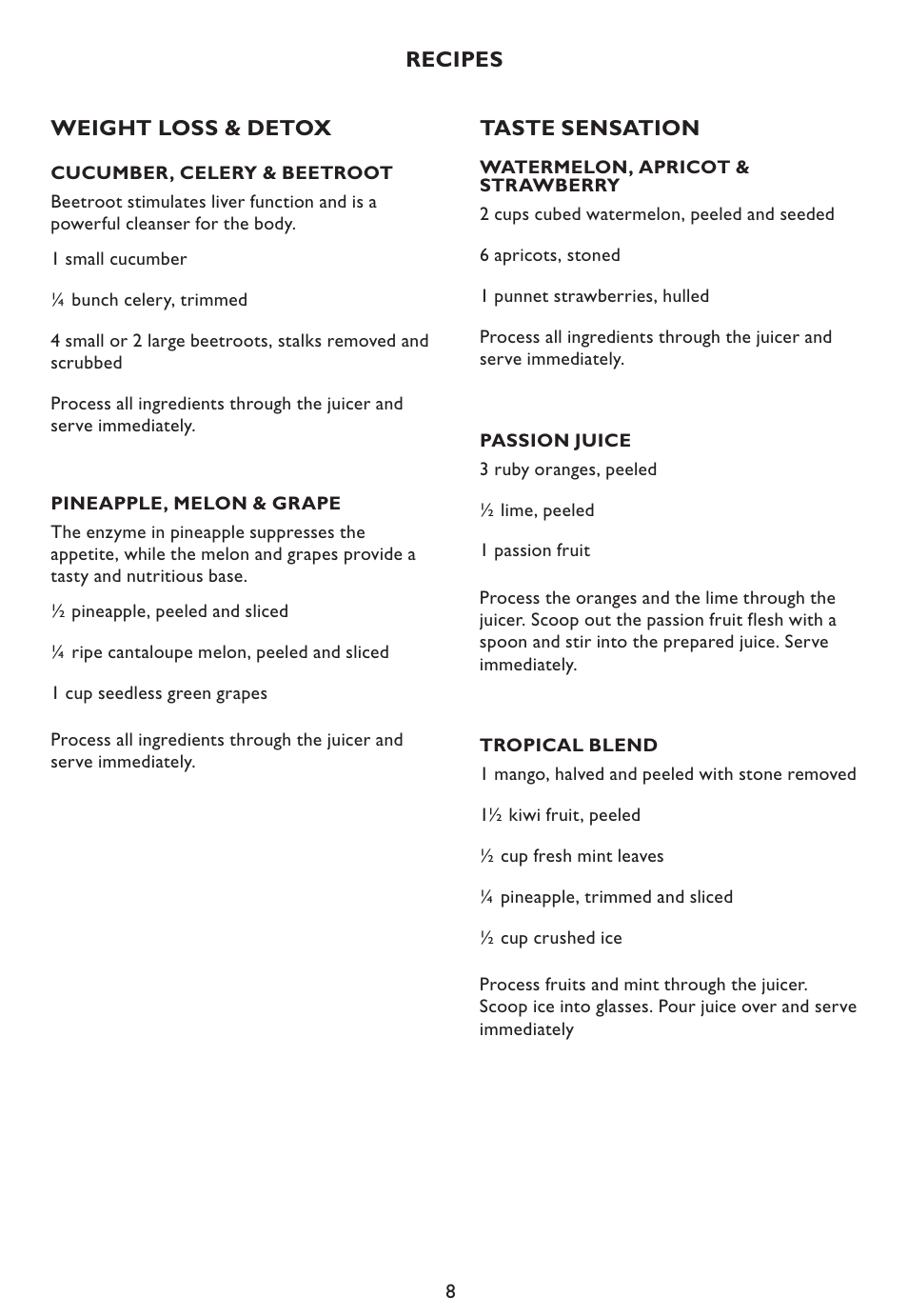 Weight loss & detox, Taste sensation, Recipes | Kambrook KS200 User Manual | Page 8 / 10