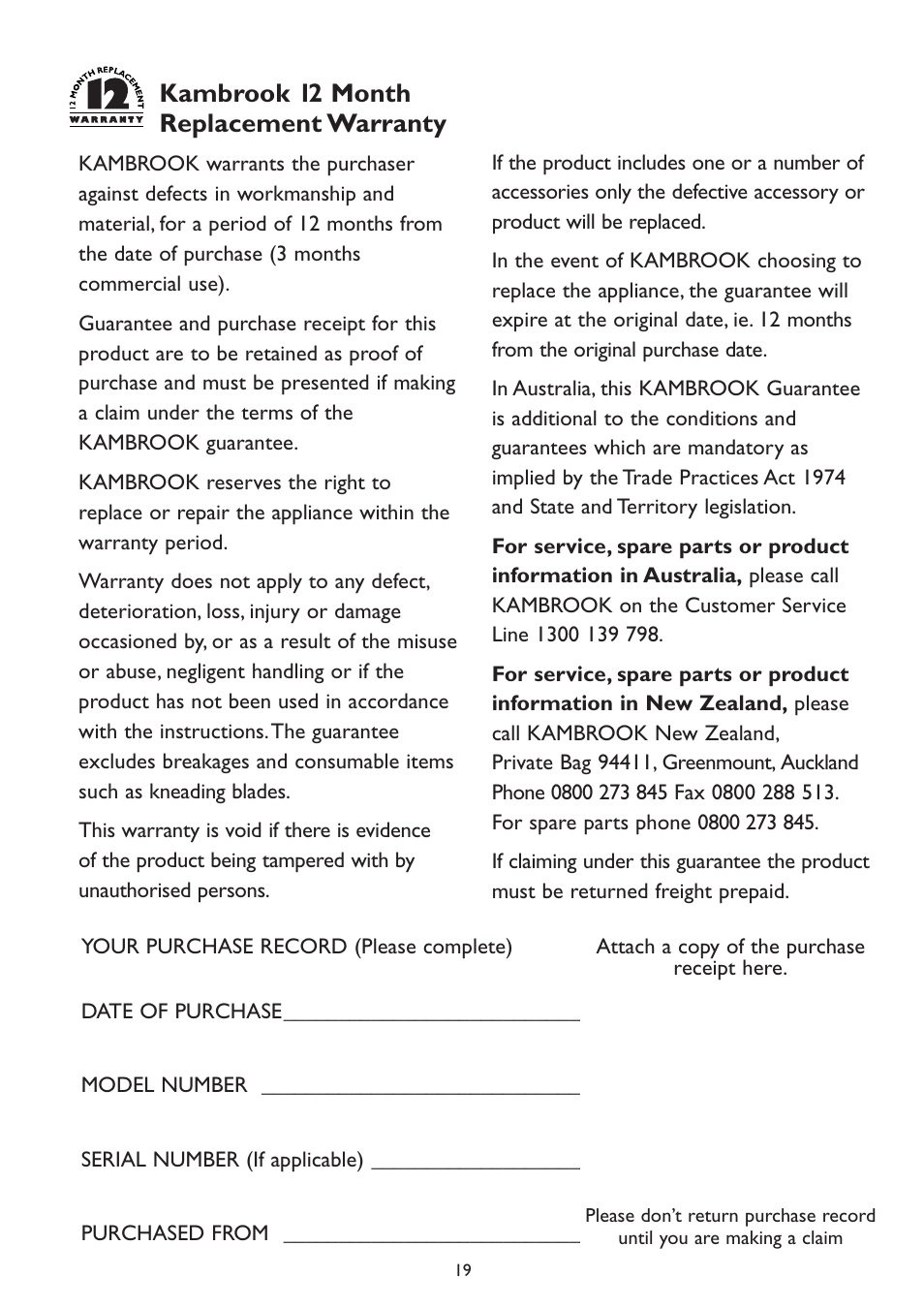 Kambrook 12 month replacement warranty | Kambrook KSC 100 User Manual | Page 19 / 20