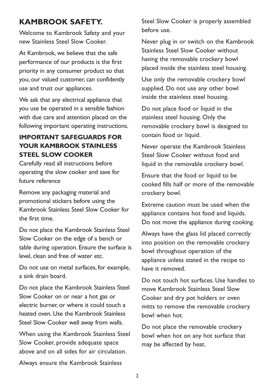 Kambrook safety | Kambrook KSC 100 User Manual | Page 2 / 20