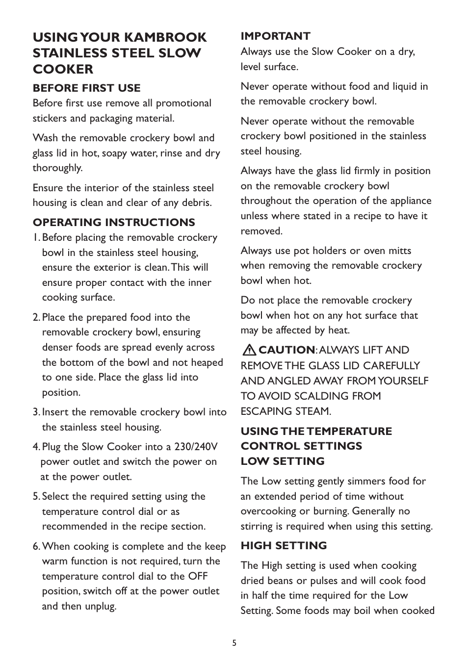 Using your kambrook stainless steel slow cooker | Kambrook KSC 100 User Manual | Page 5 / 20