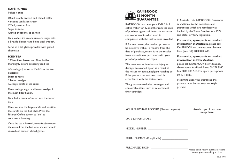 Kambrook Caf 3 in 1 Coffee Maker KDC120 User Manual | Page 10 / 10