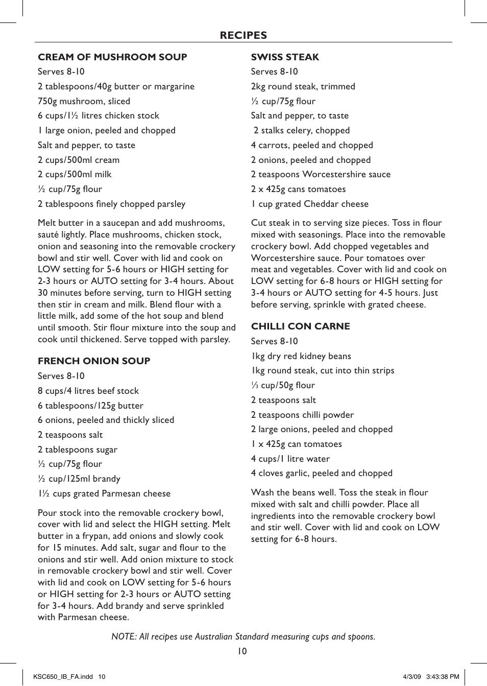 Recipes | Kambrook KSC650 User Manual | Page 10 / 20