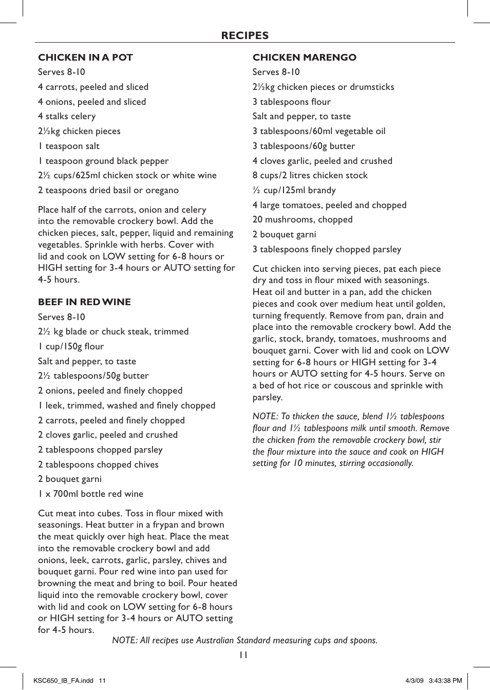 Recipes | Kambrook KSC650 User Manual | Page 11 / 20