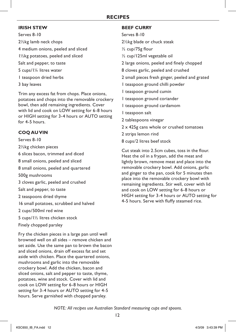 Recipes | Kambrook KSC650 User Manual | Page 12 / 20