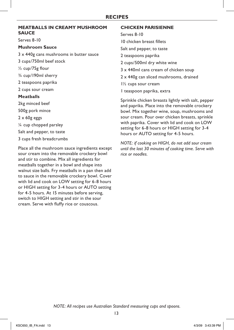 Recipes | Kambrook KSC650 User Manual | Page 13 / 20