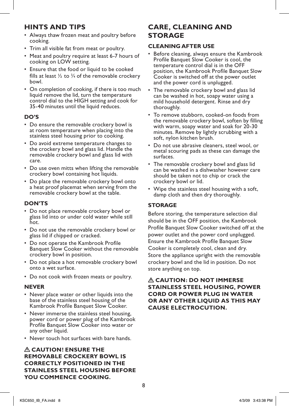 Hints and tips, Care, cleaning and storage | Kambrook KSC650 User Manual | Page 8 / 20