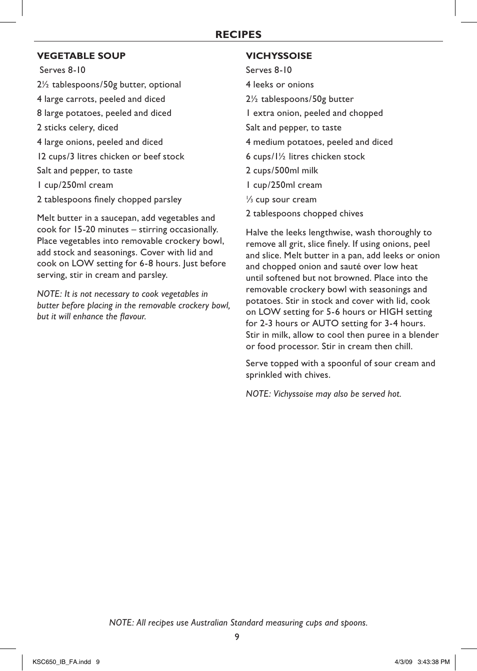 Recipes | Kambrook KSC650 User Manual | Page 9 / 20
