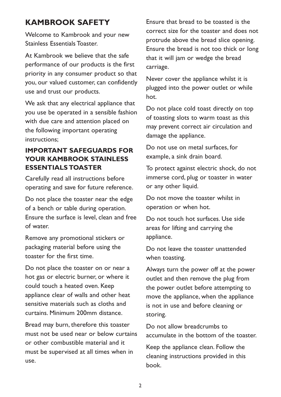 Kambrook safety | Kambrook KT100 User Manual | Page 2 / 8