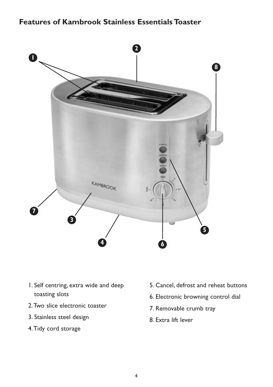 Features of kambrook stainless essentials toaster | Kambrook KT100 User Manual | Page 4 / 8