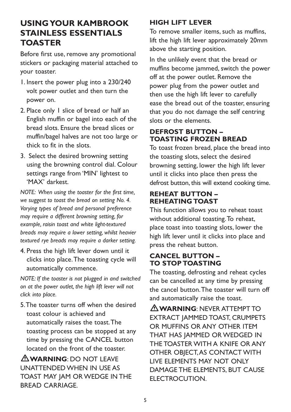 Using your kambrook stainless essentials toaster | Kambrook KT100 User Manual | Page 5 / 8