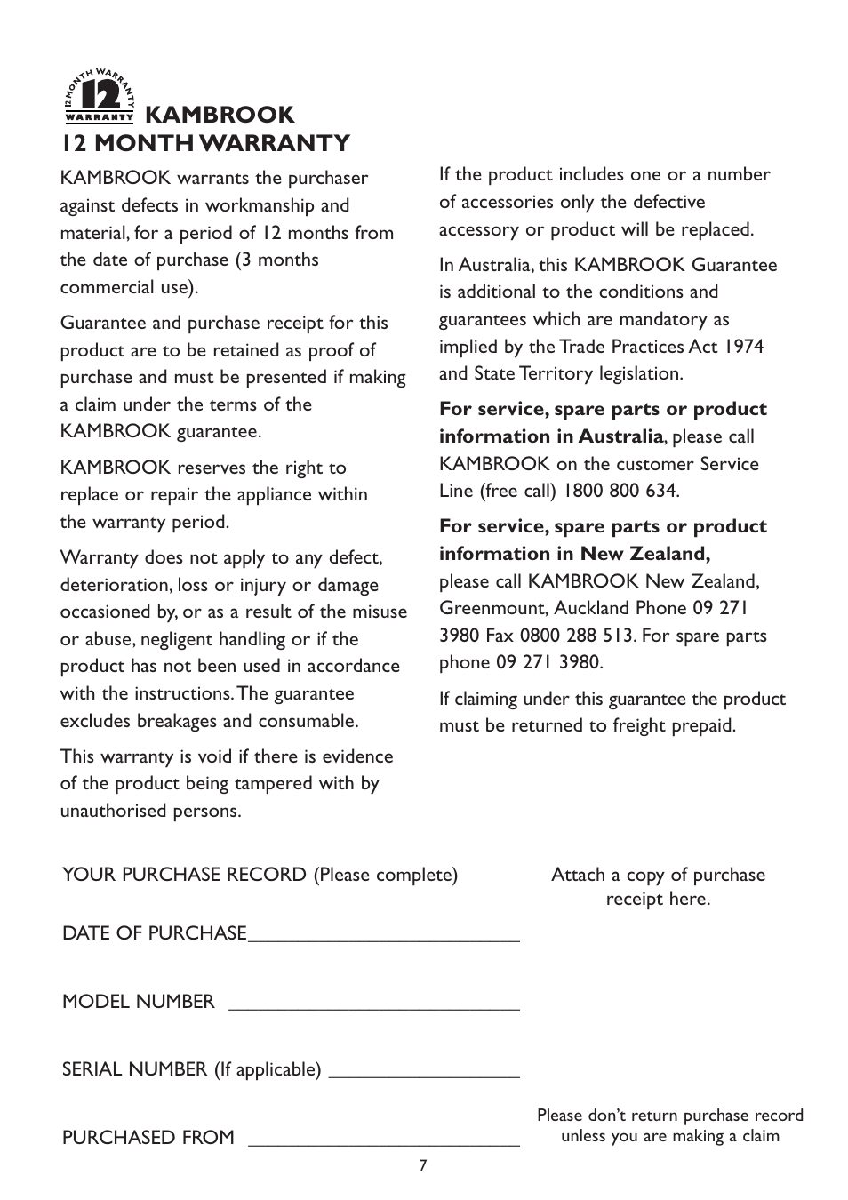 Kambrook 12 month warranty, Attach a copy of purchase receipt here | Kambrook KT100 User Manual | Page 7 / 8