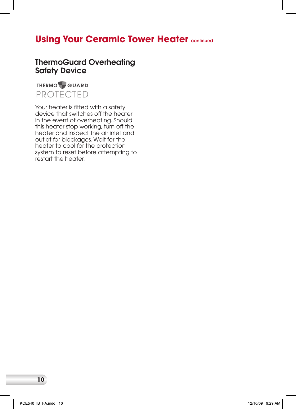 Using your ceramic tower heater, Thermoguard overheating safety device | Kambrook KCE540 User Manual | Page 10 / 12