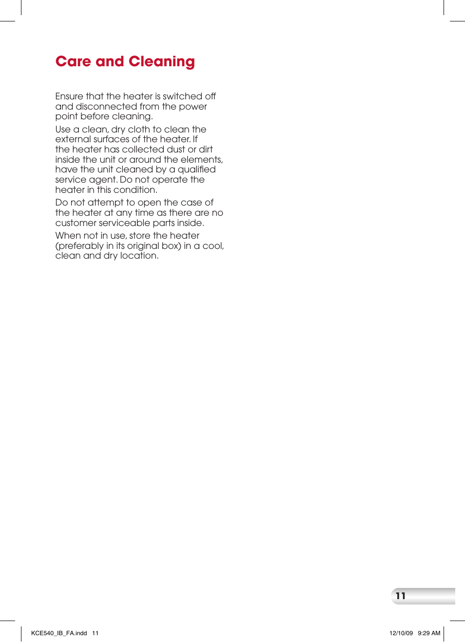 Care and cleaning | Kambrook KCE540 User Manual | Page 11 / 12