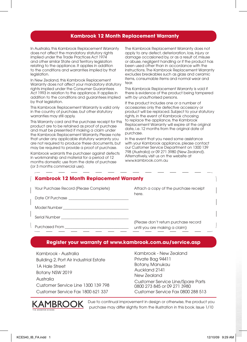 Kambrook 12 month replacement warranty | Kambrook KCE540 User Manual | Page 12 / 12