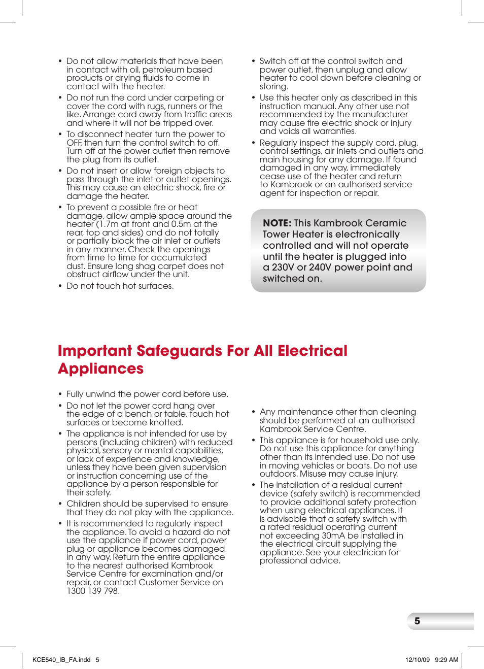 Important safeguards for all electrical appliances | Kambrook KCE540 User Manual | Page 5 / 12