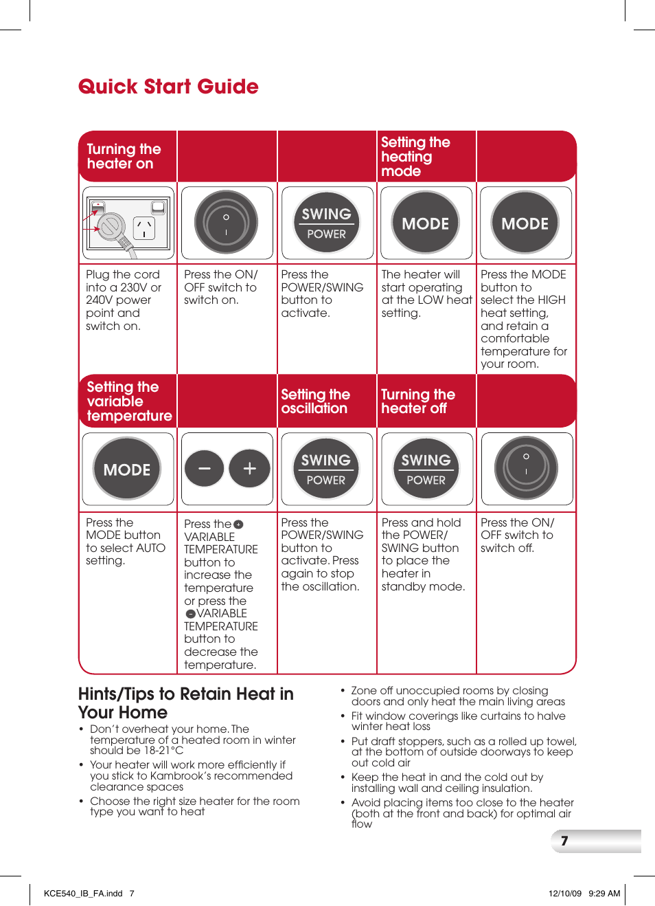 Quick start guide, Hints/tips to retain heat in your home | Kambrook KCE540 User Manual | Page 7 / 12