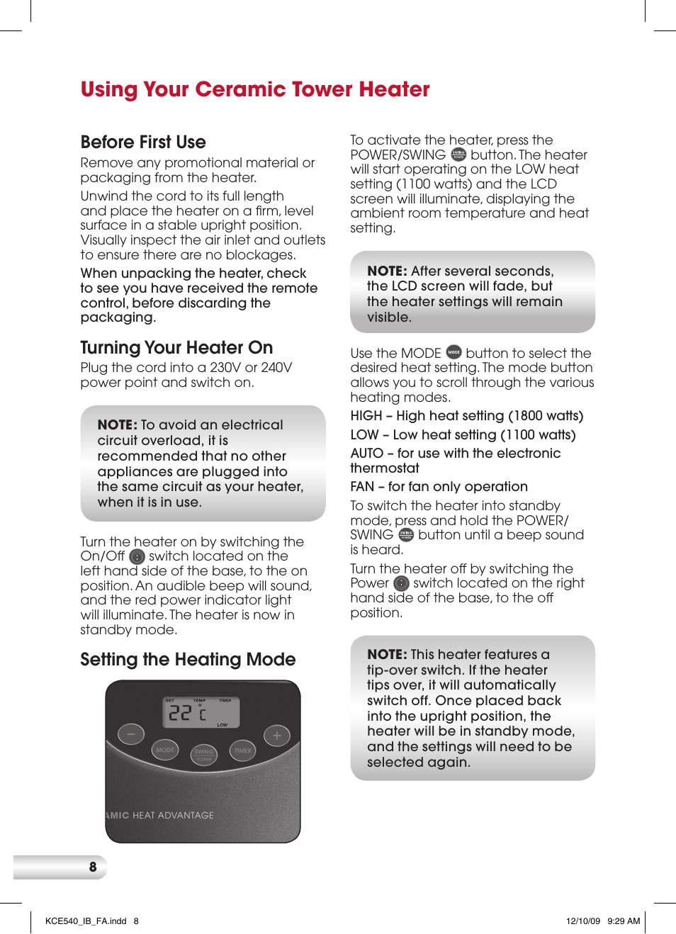 Using your ceramic tower heater, Before first use, Turning your heater on | Setting the heating mode | Kambrook KCE540 User Manual | Page 8 / 12