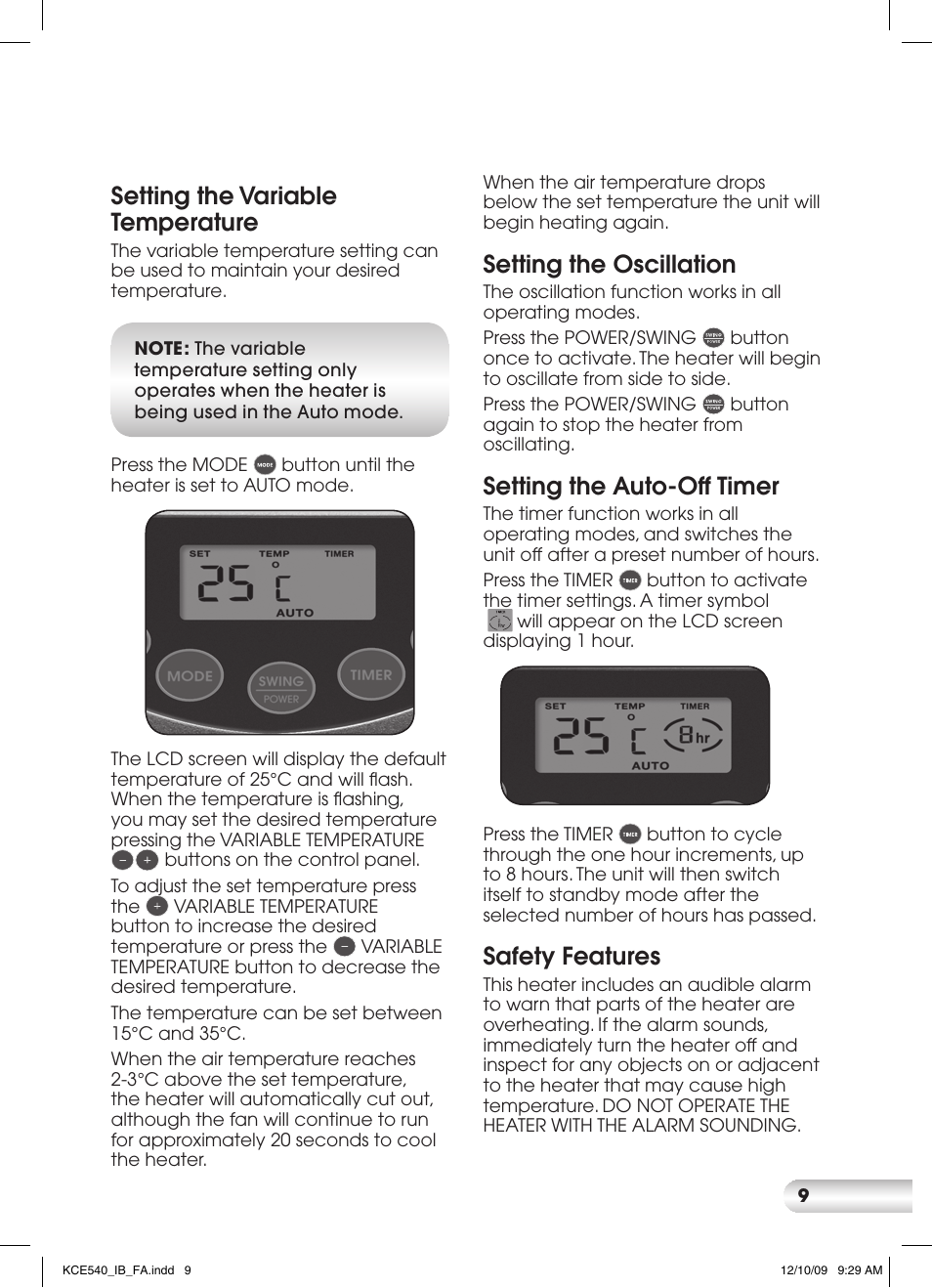 Setting the variable temperature, Setting the oscillation, Setting the auto-off timer | Safety features | Kambrook KCE540 User Manual | Page 9 / 12