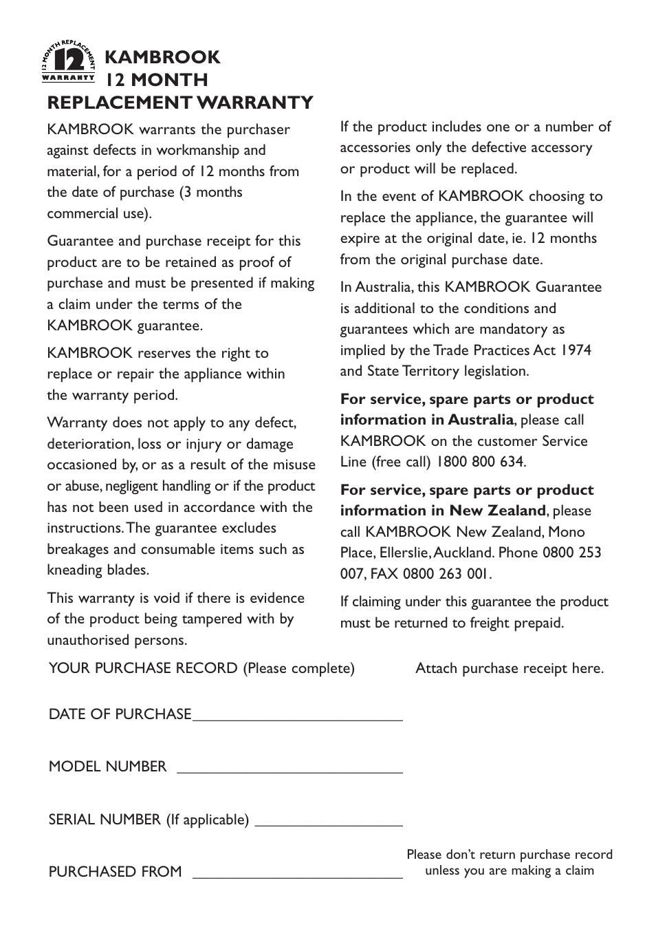 Kambrook 12 month replacement warranty | Kambrook KVC12 User Manual | Page 12 / 12