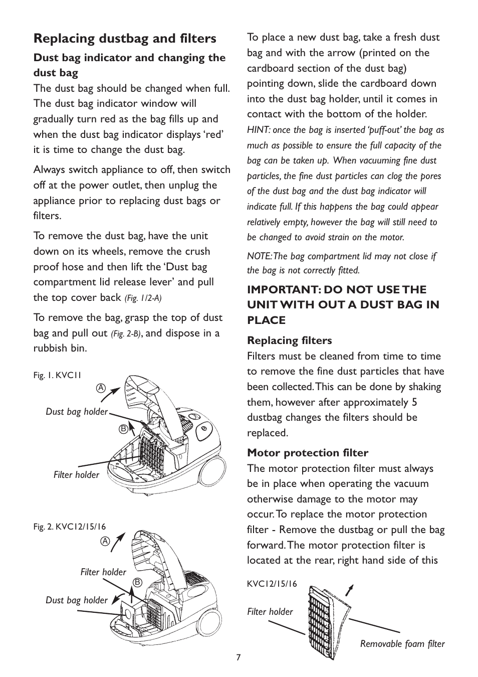 Replacing dustbag and filters | Kambrook KVC12 User Manual | Page 7 / 12