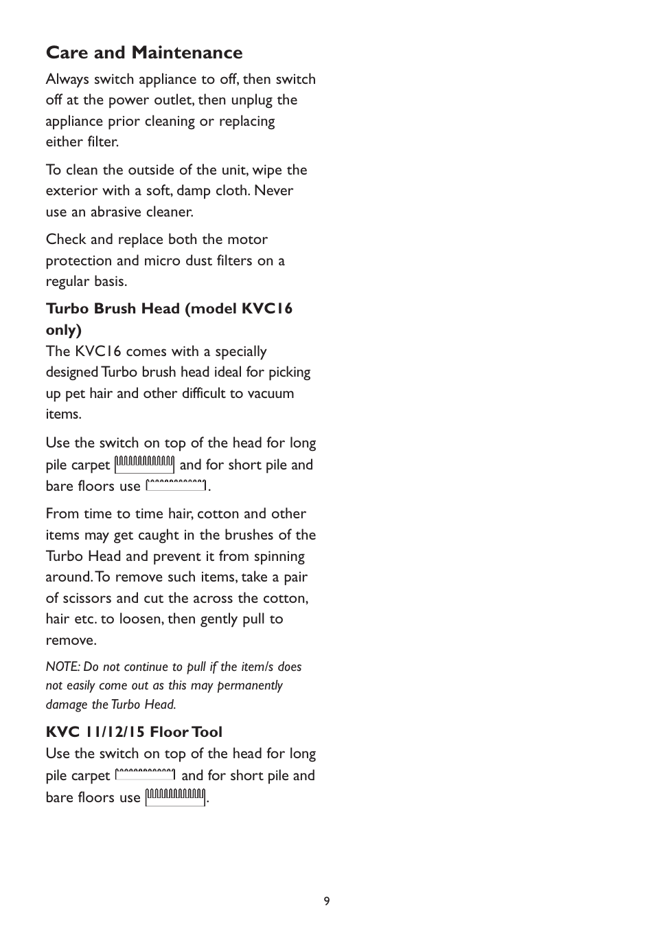 Care and maintenance | Kambrook KVC12 User Manual | Page 9 / 12