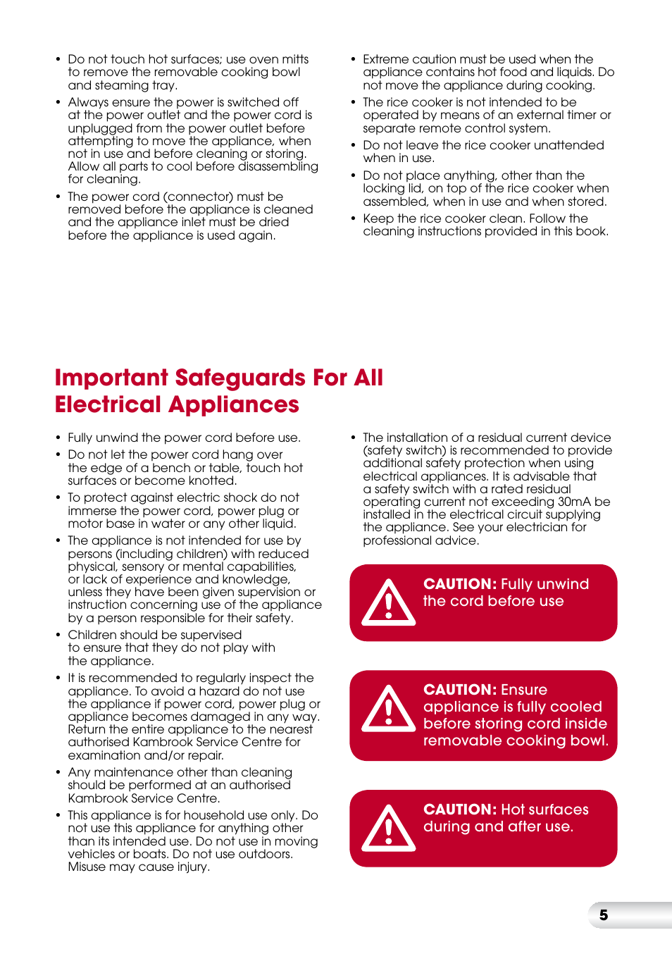 Important safeguards for all electrical appliances | Kambrook KRC400 User Manual | Page 5 / 16