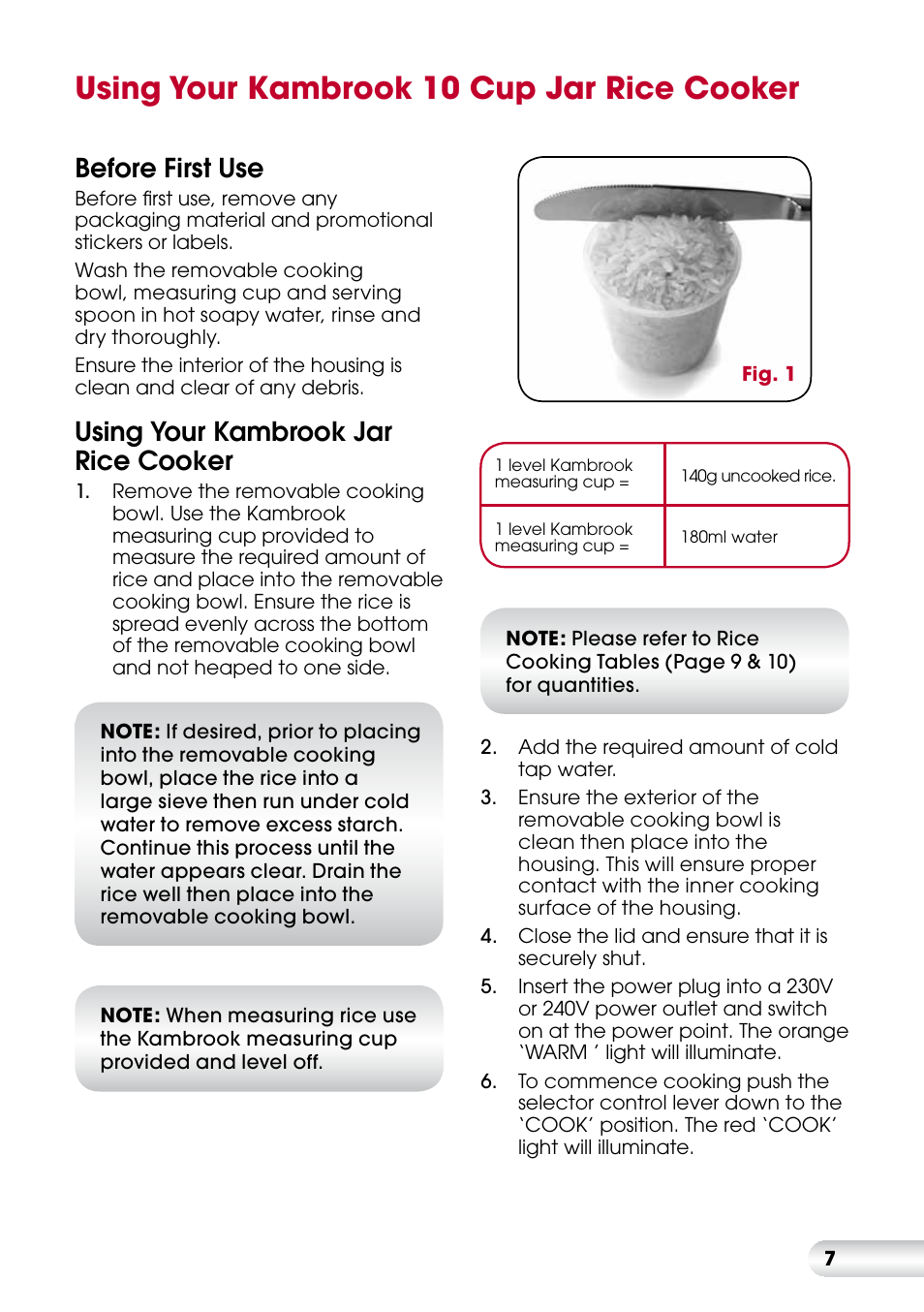 Using your kambrook 10 cup jar rice cooker, Before first use, Using your kambrook jar rice cooker | Kambrook KRC400 User Manual | Page 7 / 16