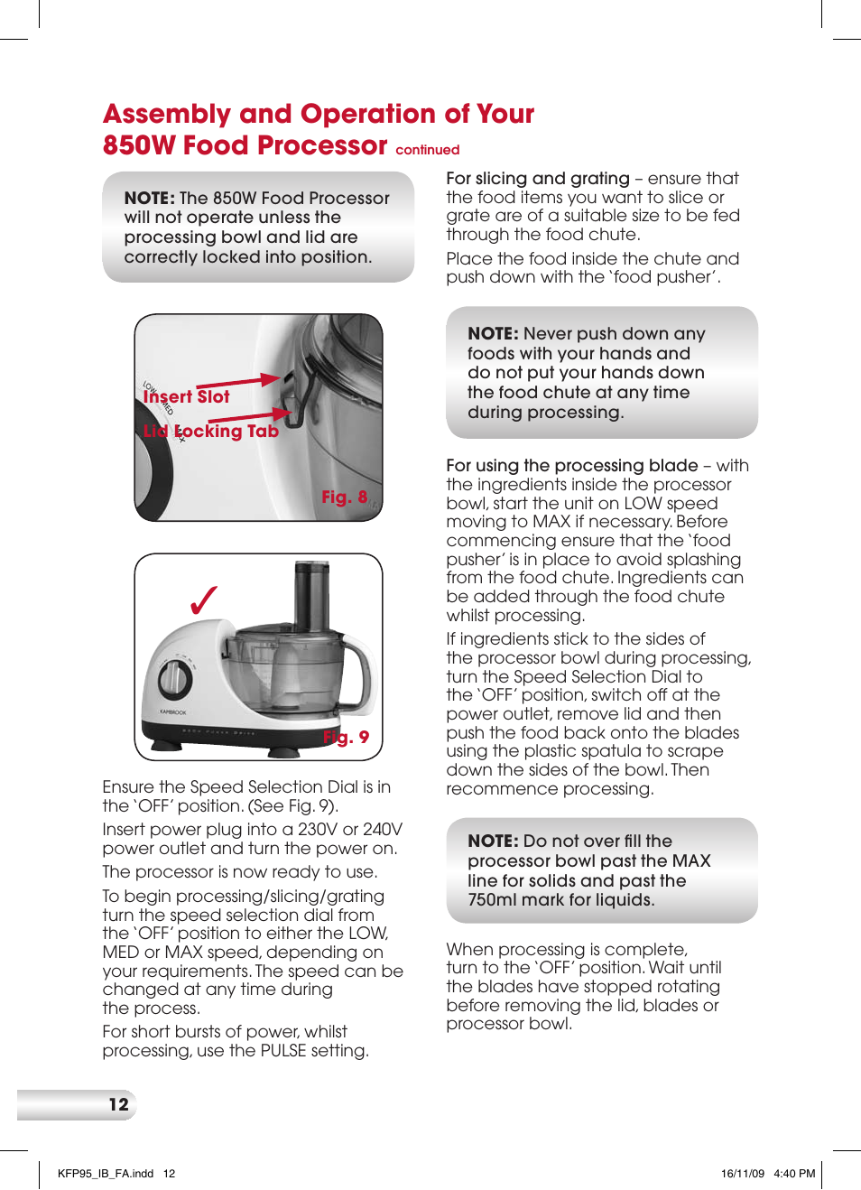 Assembly and operation of your 850w, Food processor | Kambrook KFP95 User Manual | Page 12 / 32