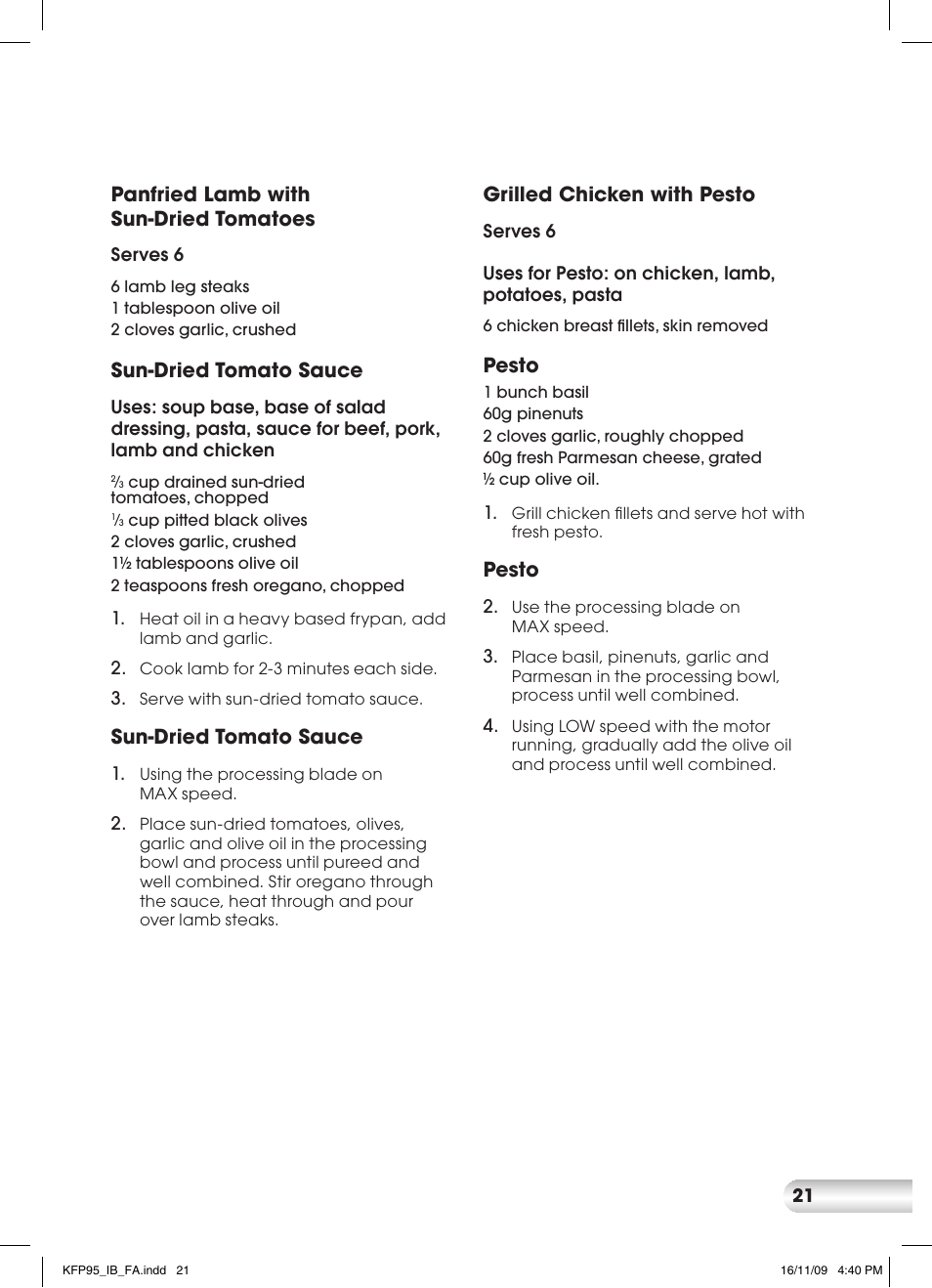 Panfried lamb with sun-dried tomatoes, Sun-dried tomato sauce, Grilled chicken with pesto | Pesto | Kambrook KFP95 User Manual | Page 21 / 32