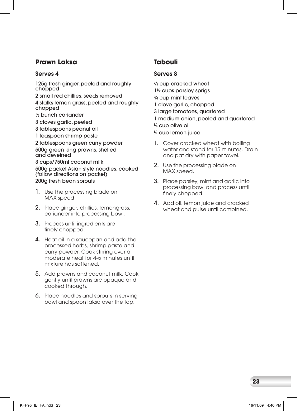 Prawn laksa, Tabouli | Kambrook KFP95 User Manual | Page 23 / 32